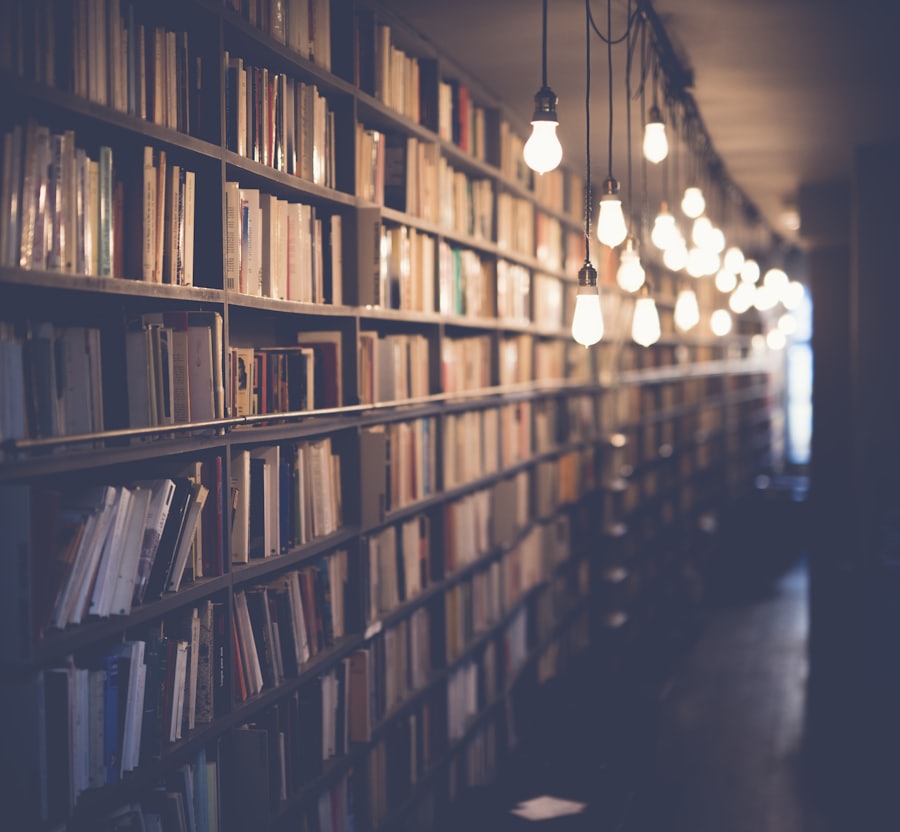 A softly lit library of books